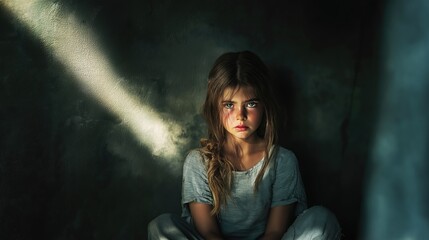 Fototapeta premium A young girl sits alone in a dimly lit room, bathed in a single shaft of light. Her expression is sorrowful and troubled