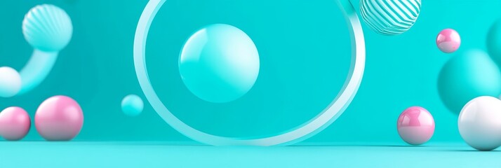 Abstract Teal 3D Shapes and Spheres - Floating teal and pink spheres, abstract 3D shapes, modern design, minimalist backdrop, creative background. Symbolizing: creativity, innovation, balance