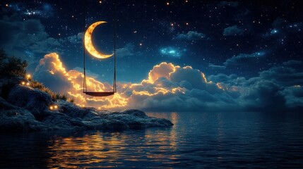 Nighttime swing on a rocky shore under a crescent moon