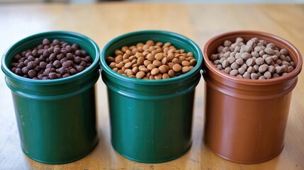 Dog food containers labeled by age group puppy, adult, and senior