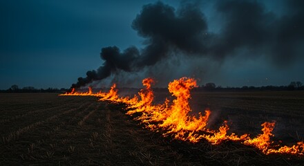 Fototapeta premium Controlled Burning in Field at Dusk with Smoke
