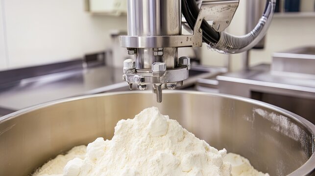 Hopper with rice flour and suction weighing system above for dosage control