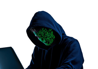 hacker in hoodie and mask that hides his face works at laptop PNG