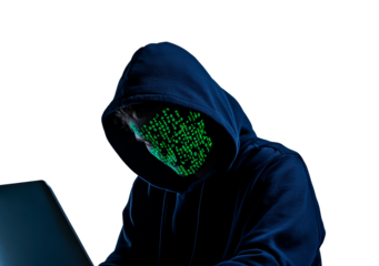 hacker in hoodie and mask that hides his face works at laptop PNG