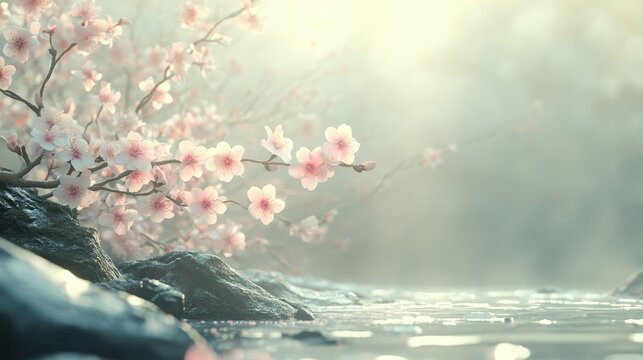 Pink cherry blossoms adorn branches near a riverbank with smooth rocks. It evokes springtime, peace, and can enhance beauty or nature projects.