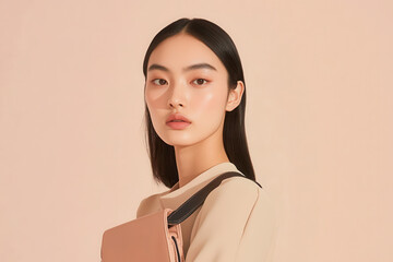 A stylish young woman poses confidently, holding a brown handbag against a soft pastel backdrop, showcasing modern fashion trends.