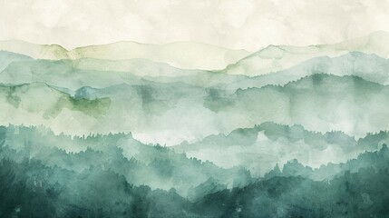 Serene Watercolor Background with Green Mountain Landscape Layers