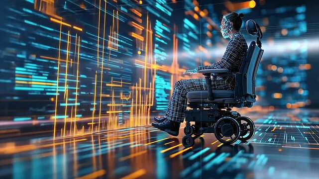Woman in wheelchair navigating a digital landscape