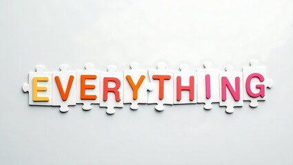 Everything Word on Connected White Puzzle Pieces with Colorful Gradient Letters for Design and Concept Art
