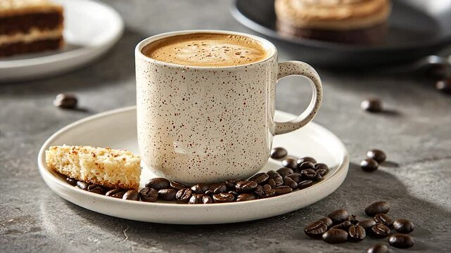 Creamy coffee with biscotti and cake