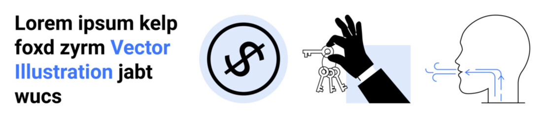 Dollar protection, hand holding keys, and profile exhaling air. Ideal for security, finance, ownership, trust, communication, symbols and simple landing page