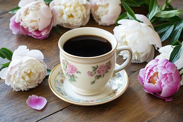 Rustic Mother's Day breakfast with a ceramic cup of coffee surrounded by peonies on an antique wood table, capturing a timeless elegance.