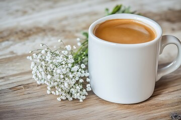 Simple yet elegant Mother's Day breakfast with a white ceramic mug of coffee next to a bouquet of baby's breath on a natural wood table.