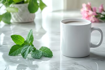 Simplistic Mother's Day coffee time with a plain white mug and a sprig of mint on a clean, modern table, epitomizing pure elegance.
