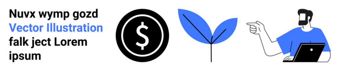 Dollar icon, sprouting leaf symbolizing growth, and person working on laptop. Ideal for finance, e-commerce, startups, sustainability, technology innovation and corporate presentations. Flat