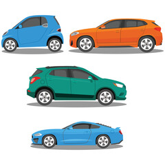 Vector illustration of modern car in cartoon flat style. Simple picture of land vehicle transportation. Familiy car side view. Modern technology automobile. Colorful exterior body car. SUV, compact 