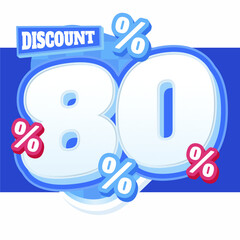 80% Discount Promotional Banner with Bold 3D White and Blue Numbers, Percentage Symbols, and Text on a Modern Background