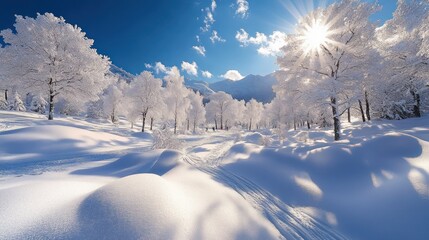 Winter wonderland scene with snow-covered trees and a trail