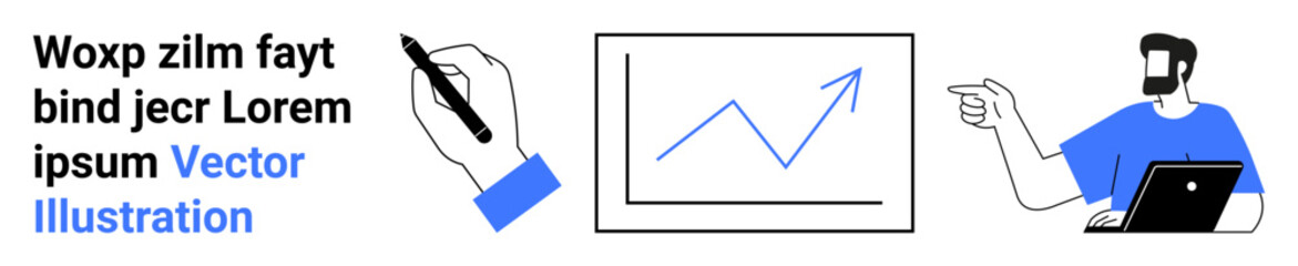 Man with laptop gesturing, line graph with upward arrow, hand writing. Ideal for business strategy, teamwork, education, presentations, analytics, communication flat landing page banner