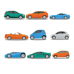 Vector illustration of modern car in cartoon flat style. Simple picture of land vehicle transportation. Familiy car side view. Modern technology automobile. Colorful exterior body car. SUV, compact 