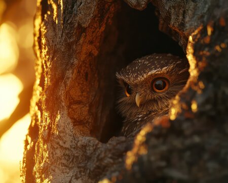 Owl perched in tree trunk golden light - Powered by Adobe
