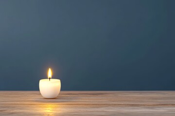 Lit Candle on Wooden Surface - A single, lit white candle sits on a light brown wooden surface against a dark teal background. Simple, serene