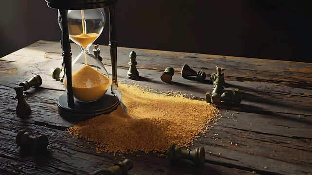 Sand timer with chess pieces and golden sand