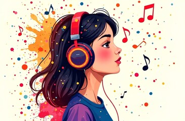 Girl in headphones listening to music, colorful musical notes and paint splatters flying around her