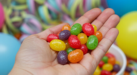 A close-up of multi-colored jelly beans in a hand, with a vibrant background of colorful decor.