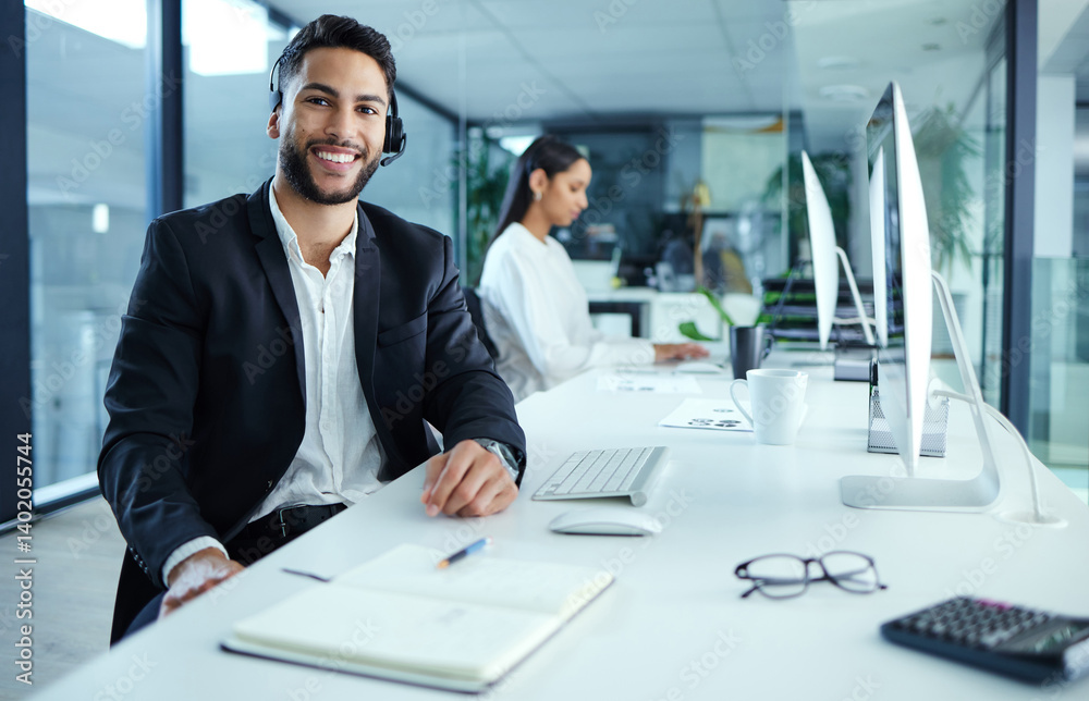 Poster man, happy and portrait in call center with computer in office, consult and help desk for customer s