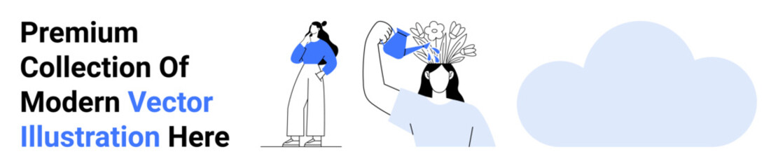 Woman nurturing herself with a watering can of flowers, figure in thoughtful pose, and cloud art. Ideal for self-care, growth, mental health, mindfulness, creativity, positivity flat landing page