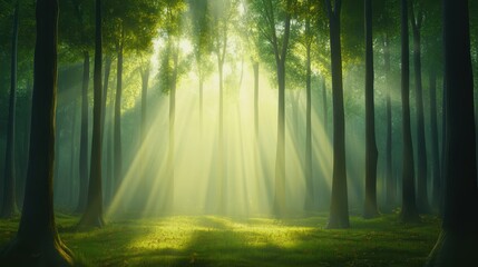 Obraz premium Magical forest sunbeams, serene nature landscape photography of sunlight through trees