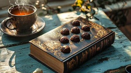 Steaming teacup beside a book-shaped chocolate box