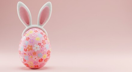 Fototapeta premium Easter Egg with Bunny Ears - Pink Easter egg decorated with colorful flowers and topped with white bunny ears against a pink background