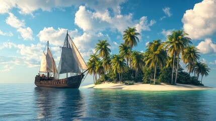 Tropical island sailing boat scene