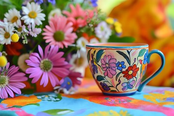 Vibrant Mother's Day brunch with a floral arrangement gift and a hand-painted teacup on a brightly colored tablecloth.
