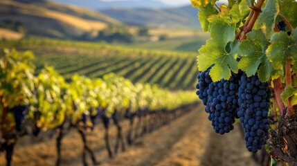 Naklejka premium Lush vineyard landscape with ripe grapes under a golden sunset sky
