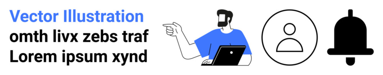 Man using laptop and gesturing, alongside a circular profile icon and notification bell. Ideal for user interface, profile setup, alerts, communication, business, technology, and flat landing page