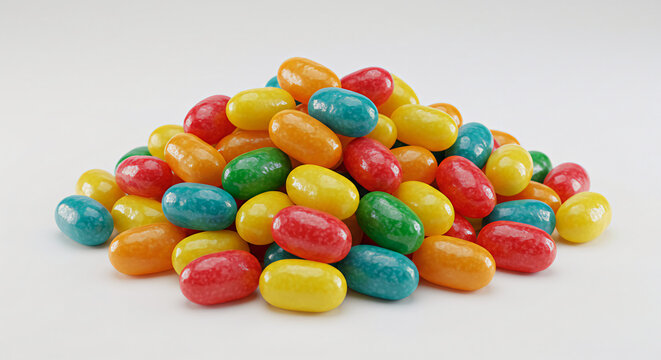 Jelly beans of various colors piled in a heap, isolated on a white surface for candy advertisement. - Powered by Adobe