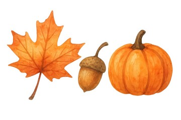 Watercolor Autumn Leaves, Acorns, and Pumpkin for Seasonal Decor