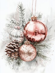 Rose Gold Christmas Ornaments - Elegant rose gold Christmas baubles adorned with pine and dusted with snow, perfect for holiday cards and festive designs