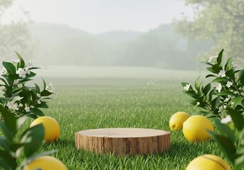 Natural wooden podium on green grass with lemons and flowering branches. Organic composition in misty landscape with mountains