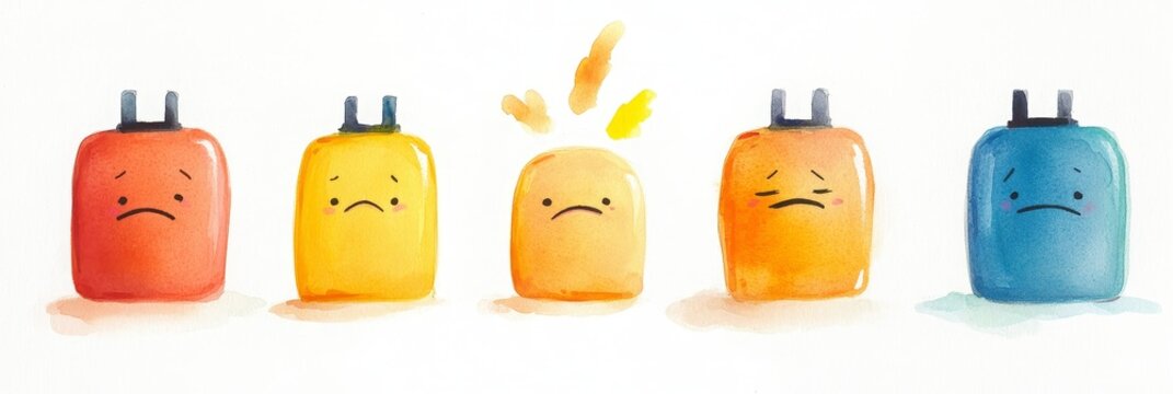 Sad Suitcases Watercolor Illustration - Five sad suitcases in watercolor , symbolizing travel woes, delayed journeys, lost luggage, travel fatigue, and missed opportunities