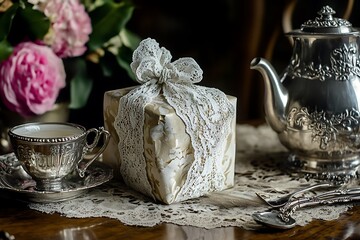 Vintage Mother's Day setting with an antique lace-wrapped gift and a silver tea service on an heirloom table.