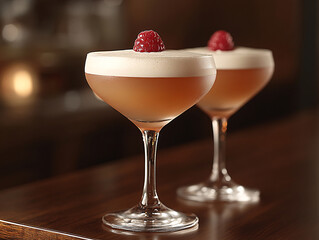 two glasses of a frothy brown cocktail with a single cherry on top, placed on a wooden table in a dimly lit setting.