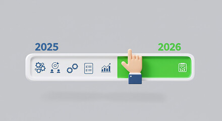 Progress bar halfway between 2025 and 2026, with hand gesture representing growth, new goals, and yearly planning strategy