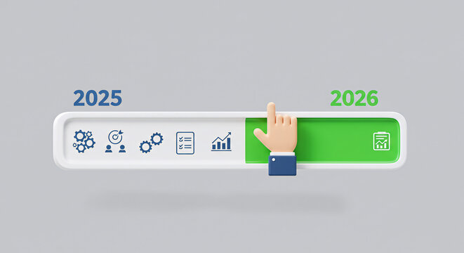 Progress bar halfway between 2025 and 2026, with hand gesture representing growth, new goals, and yearly planning strategy