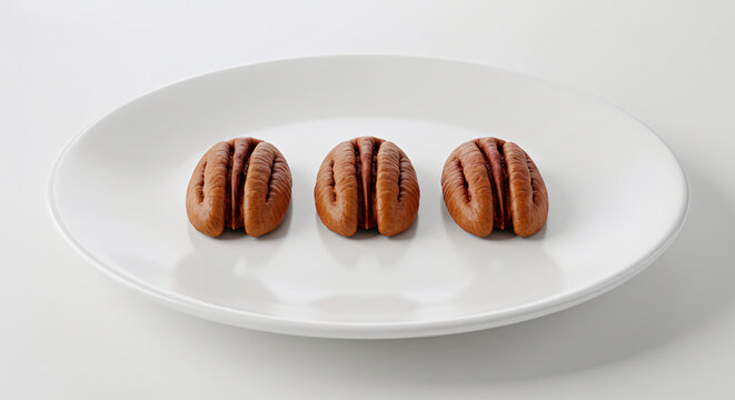 Three pecans lined perfectly on white plate, minimal design for modern National Pecan Day branding