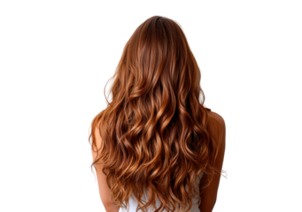 Woman with long brown wavy hair back view PNG