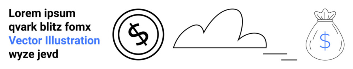 Coin with dollar sign, cloud icon, and money bag symbolizing financial transactions, savings, and cloud computing. Ideal for fintech, banking, investments, cloud storage budget management virtual